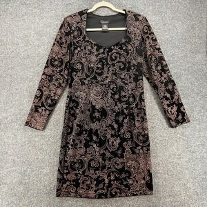 K Studio Dress Womens 10 Black Velvet Floral Gold Sheath 90s Whimsigoth Cocktail